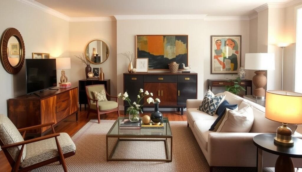 A balanced eclectic space showing the harmonious integration of vintage and contemporary elements
