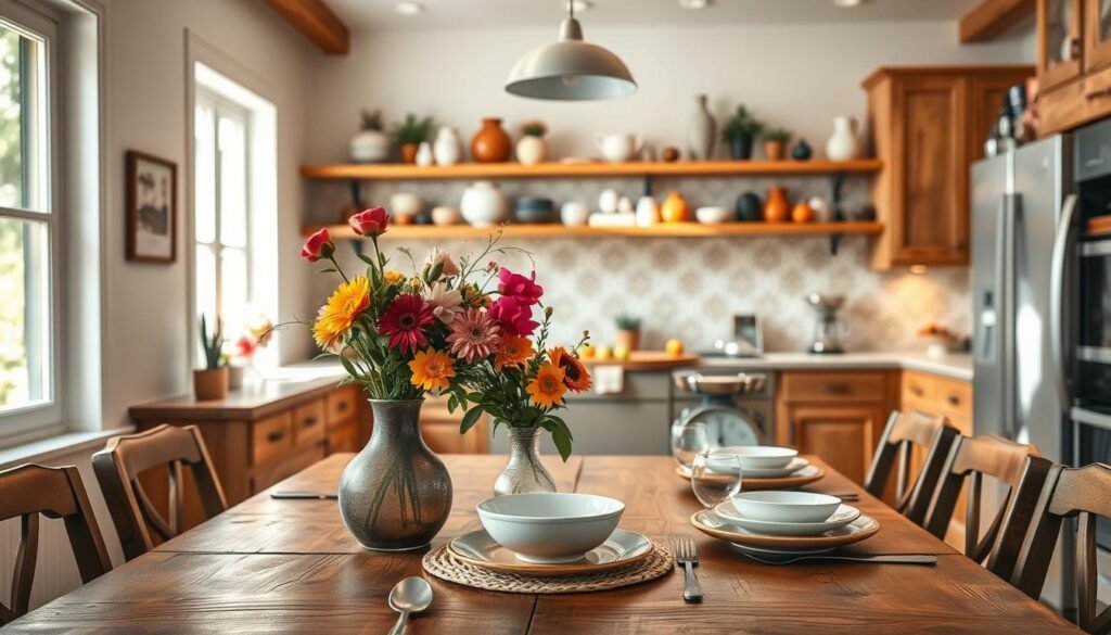 A beautifully arranged stylish kitchen featuring warm farmhouse decor. In the foreground, a rustic wooden table set with a charming vase of fresh flowers, a bowl of colorful fruits, and elegant dinnerware. The middle section showcases an inviting kitchen layout with open shelving displaying artisanal pottery and a vintage kitchen scale. Beautifully patterned tiles line the backsplash, and natural wood cabinetry enhances the cozy ambiance. In the background, bright windows let in soft, diffused daylight, illuminating the space and casting gentle shadows. The atmosphere is warm and welcoming, perfect for gatherings. Use a soft focus lens to create a dreamlike quality while maintaining clarity on the key decor elements.