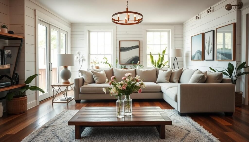 A beautifully blended living space showcasing the harmony of farmhouse decor and modern design elements. In the foreground, a stylish wooden coffee table adorned with a minimalist vase of fresh flowers sits atop a soft area rug. The middle area features a comfortable sectional sofa, combining rustic fabrics with sleek, contemporary pillows, framed against a backdrop of large windows allowing natural light to flood in. The walls are decorated with a mix of farmhouse shiplap and modern art pieces, highlighting the contrast. A chic ceiling light fixture adds a touch of elegance. Faint greenery peeks in from outside, enhancing the inviting atmosphere. Warm and bright lighting creates an airy, cheerful mood, showcasing a seamless integration of styles.