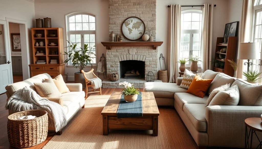 A beautifully optimized farmhouse living room layout featuring cozy rustic elements. In the foreground, a large, inviting sectional sofa adorned with earthy-toned cushions faces a reclaimed wood coffee table. To the left, a vintage armchair sits beside a handwoven basket filled with soft, textured throws. In the middle, a classic fireplace with a stone mantle adds warmth, flanked by built-in shelves filled with artisanal decor. The background showcases large windows dressed in light linen curtains, allowing soft, natural light to filter in, creating a warm and inviting atmosphere. The decor includes potted greenery and neutral tones that enhance the rustic charm. Capture this scene from a slightly elevated angle to emphasize the spaciousness, with a soft focus on the corners to draw attention to the layout and furniture selection.