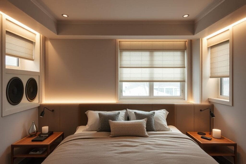 A bedroom with hidden technology showcasing 2026 Home Interior Design Trends