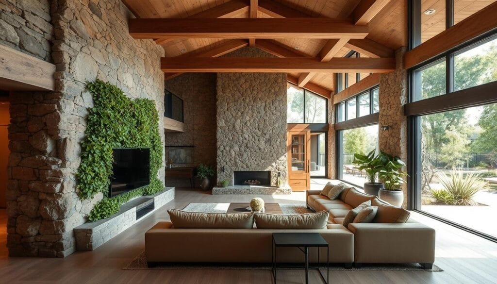 A biophilic living space showcasing 2026 Home Interior Design Trends with integrated natural elements