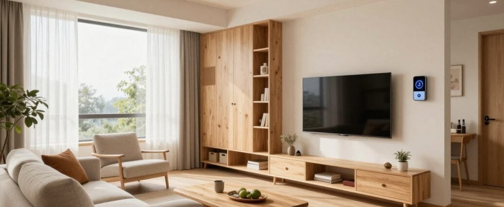 A bright, airy small living room showcasing 2026 design trends with multifunctional furniture, warm colors, and smart storage solutions