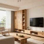 A bright, airy small living room showcasing 2026 design trends with multifunctional furniture, warm colors, and smart storage solutions