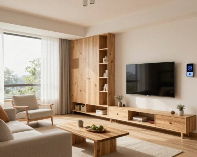 A bright, airy small living room showcasing 2026 design trends with multifunctional furniture, warm colors, and smart storage solutions