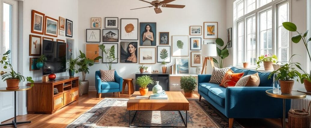 A bright eclectic living room featuring mixed furniture styles, vibrant textiles, and personal art collections for 2026