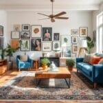 A bright eclectic living room featuring mixed furniture styles, vibrant textiles, and personal art collections for 2026