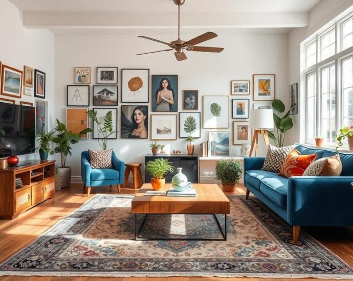 A bright eclectic living room featuring mixed furniture styles, vibrant textiles, and personal art collections for 2026