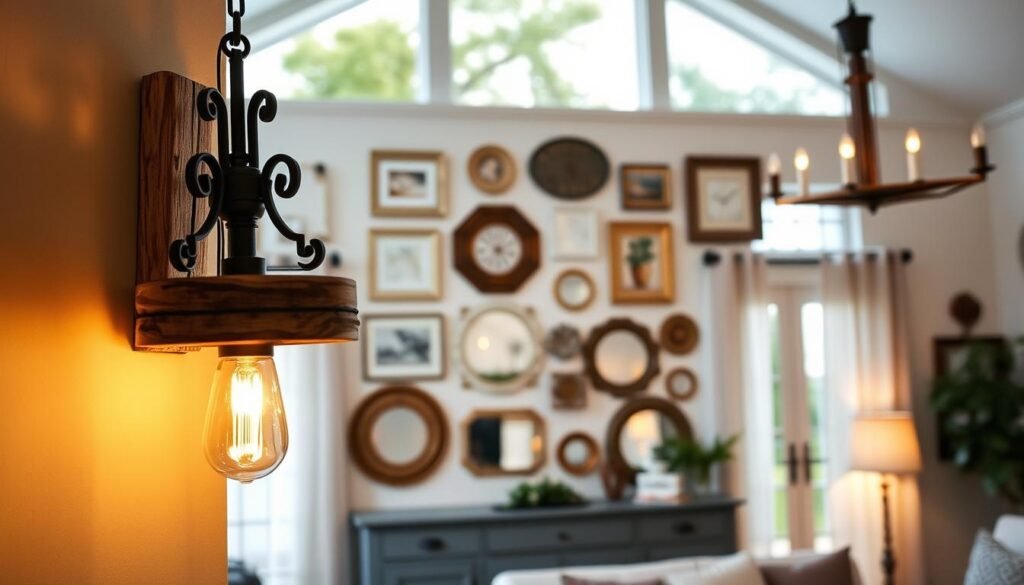 A chic farmhouse interior showcasing innovative wall decor and lighting options. In the foreground, a stunning handmade wall sconce made of rustic wood and wrought iron, casting a warm, inviting glow. The middle ground features a beautifully arranged gallery wall with various framed artworks and vintage mirrors, all accented by soft, ambient lighting. In the background, large windows allow natural light to filter through sheer curtains, enhancing the cozy atmosphere. The scene is well-composed with a slightly elevated angle, providing a sense of depth. The color palette includes warm earth tones and soft whites, creating a harmonious and inviting mood that exemplifies modern farmhouse style.