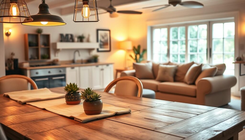 A cozy farmhouse interior bathed in warm, inviting light, focusing on rustic lighting fixtures such as vintage pendant lamps and soft, glowing sconces. In the foreground, a distressed wooden dining table adorned with neutral-colored linens and small potted succulents, surrounded by comfortable, upholstered chairs. The middle ground features a softly lit living area with an overstuffed beige couch adorned with textured throw pillows in muted tones. In the background, a large window lets in natural light, revealing a serene view of lush greenery outside. The color palette emphasizes soft whites, warm beiges, and earthy tones, creating a tranquil atmosphere. Capture this scene with a warm, soft focus and a slight angle to enhance the sense of depth and coziness.
