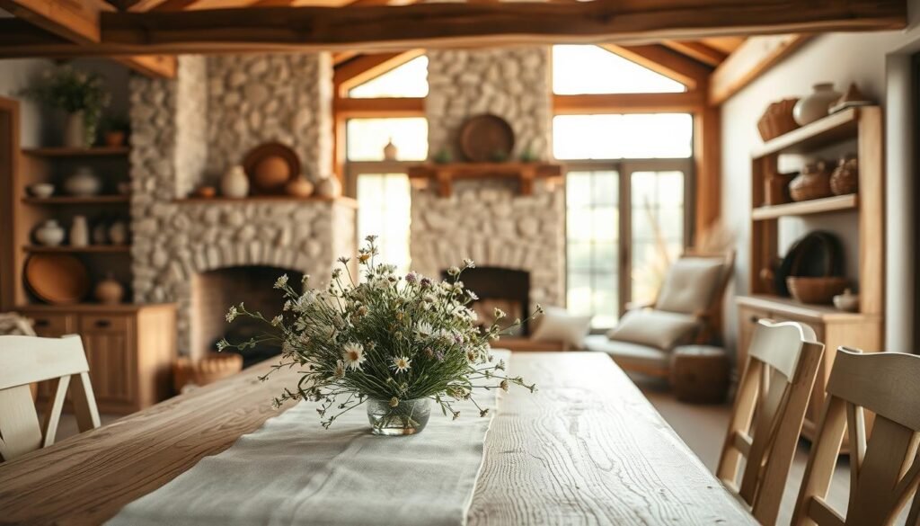 A cozy farmhouse interior showcasing natural materials and textures. In the foreground, a handmade wooden dining table adorned with a simple linen table runner and a rustic centerpiece of fresh wildflowers. The middle ground features a textured stone fireplace, with natural wood beams overhead and open shelving displaying artisanal pottery and woven baskets. In the background, a large window allows warm, golden sunlight to filter in, enhancing the soft colors of creamy whites and earthy browns. The atmosphere is warm and inviting, exuding simplicity and elegance typical of farmhouse decor. Use soft focus effects with a slight bokeh for dreamy depth, capturing the essence of homely yet sophisticated design.