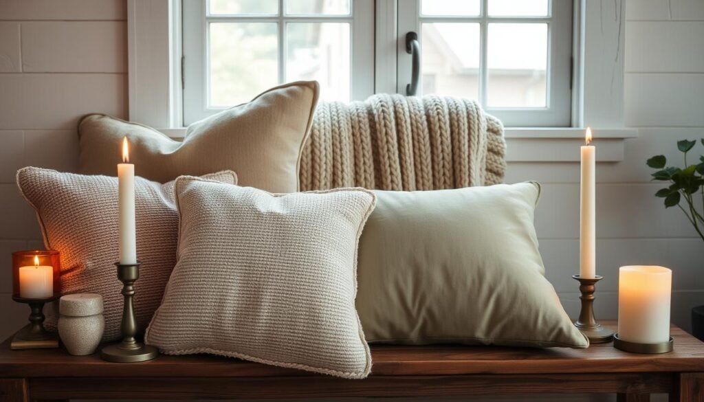A cozy farmhouse setting showcasing a beautifully arranged vignette of soft pillows, elegant candles, and warm throw blankets. In the foreground, plush textured pillows in muted earth tones, like beige and sage green, are piled on a rustic wooden bench. Strategically placed, flickering candles in varying heights emit a soft, warm glow, casting gentle shadows. The middle section features a neatly folded knitted blanket draped elegantly over the bench. In the background, a charming farmhouse window allows natural light to filter in, illuminating the scene and creating a peaceful, inviting atmosphere. The overall mood should feel relaxed and homely, with a focus on the comforting textures and warm colors of the decor.