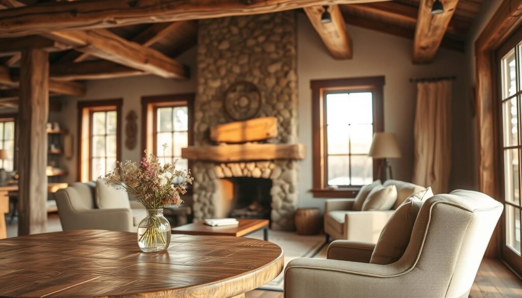 A cozy rustic interior featuring exposed wood beams and a mix of natural materials like stone and woven textiles. In the foreground, a handcrafted wooden table adorned with a vase of wildflowers sits next to a plush, neutral-colored armchair. The middle ground showcases a warm fireplace with a rustic mantel made from reclaimed wood, surrounded by textured wall accents that include stone and natural wood paneling. In the background, large windows allow soft, golden sunlight to spill into the space, enhancing the inviting atmosphere. The scene is layered with earthy tones and a serene mood, evoking a sense of warmth and comfort perfect for a farmhouse aesthetic.