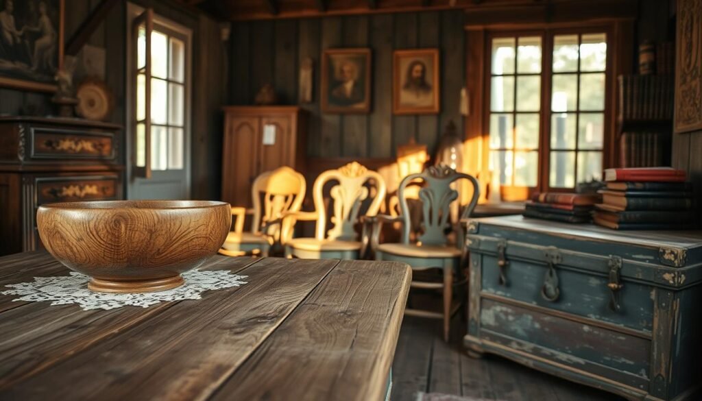 A cozy, rustic interior setting featuring a collection of distressed wood antique pieces. In the foreground, a weathered, farmhouse-style table displays a vintage wooden bowl and a faded lace tablecloth. The middle ground showcases an array of antique chairs with peeling paint and intricate carvings, along with an old, distressed chest full of books. In the background, light streams in through a large, slightly open window, casting warm, soft shadows that enhance the textures of the wood. The atmosphere is inviting and nostalgic, evoking a sense of warmth and timeless charm. The composition is framed with a shallow depth of field, focusing on the details of the wood grain and the interplay of light.