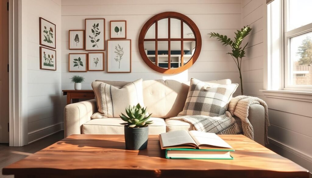 A cozy small apartment featuring farmhouse decor elements designed for limited spaces. In the foreground, a rustic wooden coffee table holds a potted succulent and a vintage book. In the middle, a comfortable couch adorned with beige and plaid throw pillows is complemented by a woven throw blanket, all set against a backdrop of white shiplap walls. To the left, a charming gallery wall exhibits framed botanical prints and a handcrafted mirror. In the background, a bright window lets in soft, warm sunlight, casting gentle shadows across the room. The overall mood is inviting and serene, evoking a sense of simplicity and elegance typical of farmhouse aesthetics. The angle captures the essence of the space, harmonizing comfort with style.