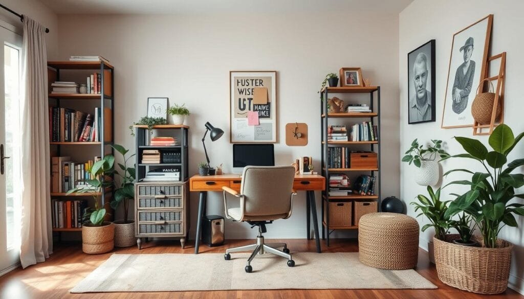 A creative eclectic home office balancing functionality with personal inspiration