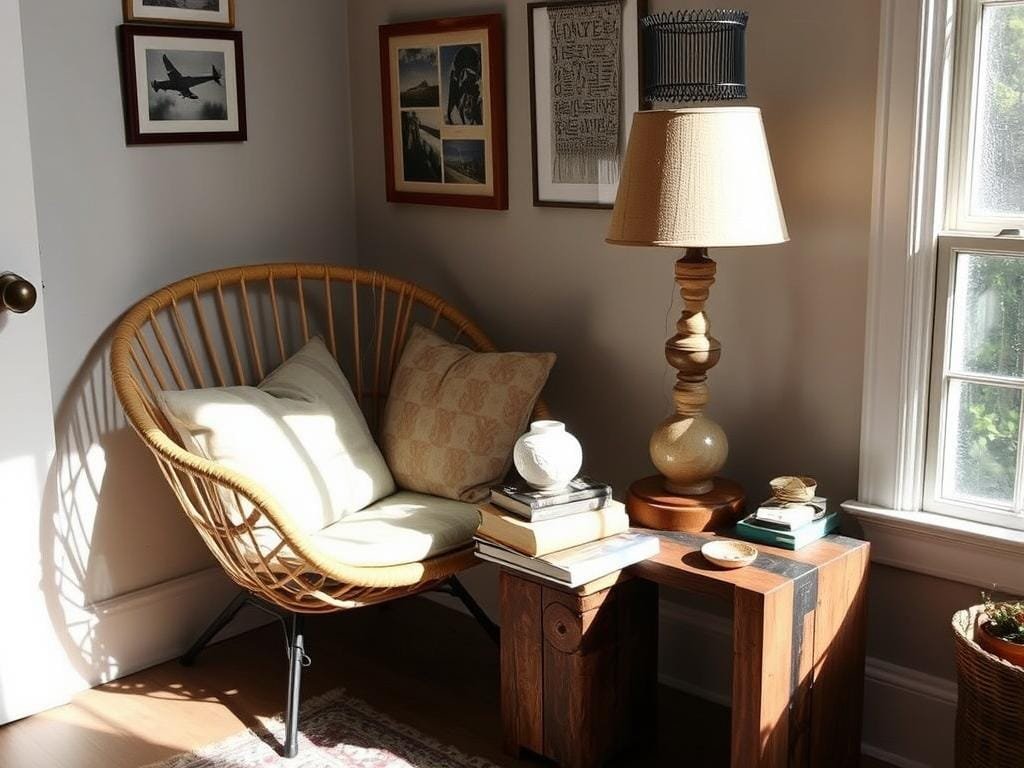 A detail shot of an eclectic corner featuring sustainable materials and personal mementos