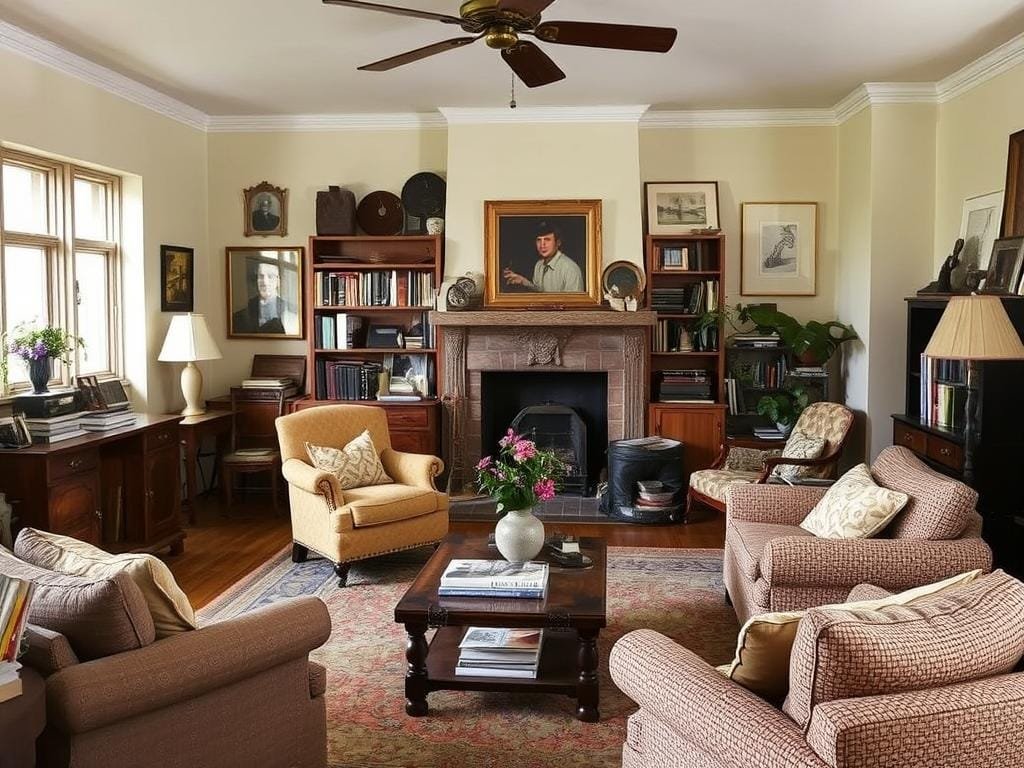 A lived-in luxury living room showcasing the 2026 Home Interior Design Trends with vintage furniture and personal collections