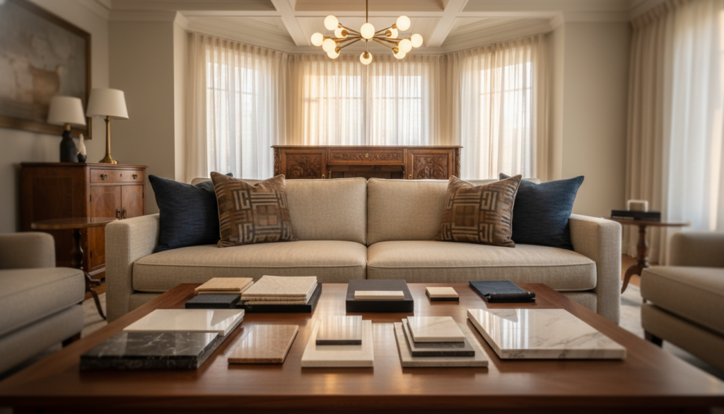 A luxurious interior design scene showcasing curated material selection for a timeless luxury home. In the foreground, an elegant coffee table made of rich walnut wood displays a collection of high-end fabric swatches and polished stone samples in soft, neutral tones. In the middle ground, a plush sofa adorned with classic upholstery contrasts with trendy accent pillows, while an antique wooden sideboard reflects intricate craftsmanship. The background features large windows draped with sheer curtains, allowing warm natural light to fill the space. A modern chandelier hangs from a coffered ceiling, creating an inviting atmosphere. The mood is sophisticated and serene, embodying the balance of timeless elegance and contemporary style, captured with a soft focus and a slight vignette effect to enhance the ambiance.