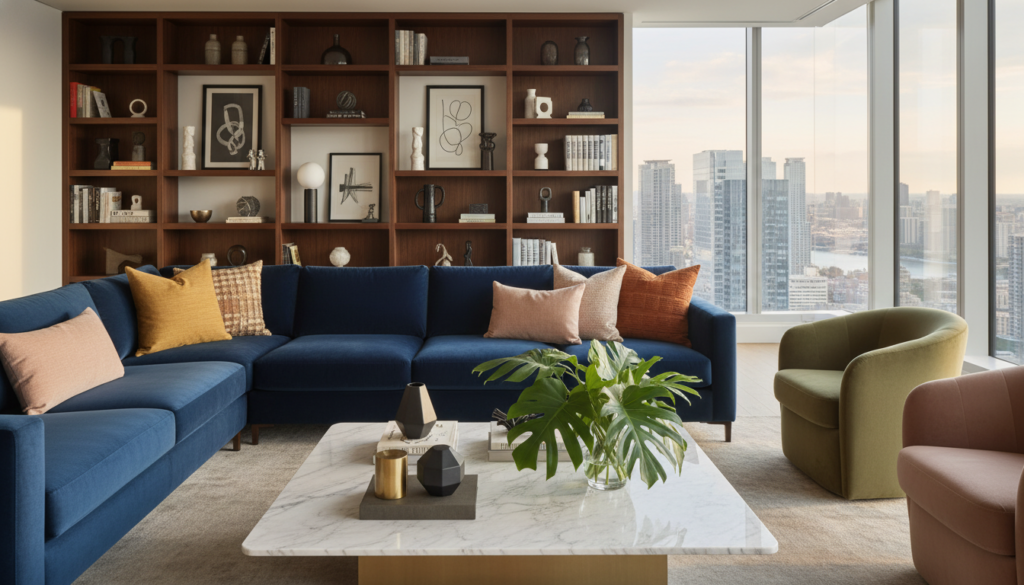 A luxurious modern interior showcasing trend accents in home design. In the foreground, a stylish marble coffee table adorned with geometric decor pieces and lush greenery. The middle ground features a spacious living area with a plush sectional sofa dressed in vibrant textiles, surrounded by elegant accent chairs in trendy colors. A sleek wooden bookshelf displays curated art pieces and books, enhancing the artistic vibe. The background reveals large windows with a breathtaking cityscape view, allowing natural light to flood the space, creating a bright and inviting atmosphere. Capture this scene with a warm, diffused lighting effect, using a wide-angle lens to emphasize depth and spaciousness, evoking a sense of sophisticated comfort and contemporary elegance.