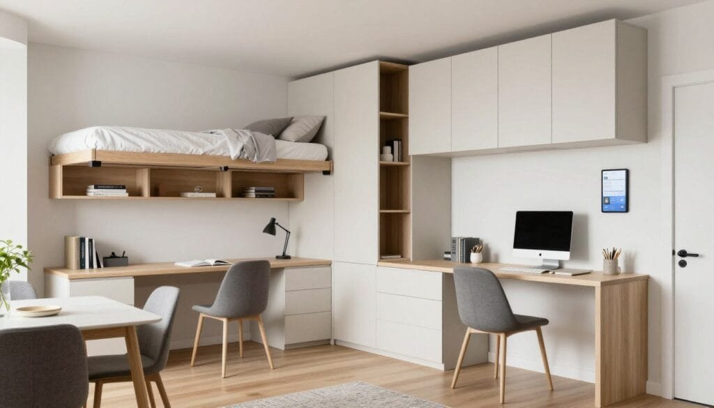 A multifunctional space in a small home that transforms between home office, dining area, and guest room