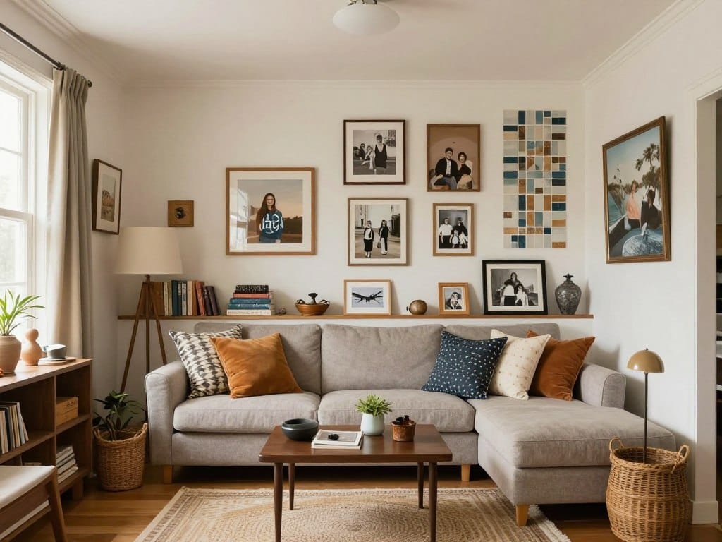 A personalized small home interior showing unique art, meaningful objects, and custom elements that reflect the owner's personality