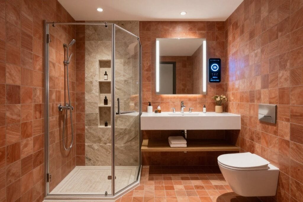 A small bathroom designed for 2026 with space-efficient fixtures, integrated storage, and spa-like features