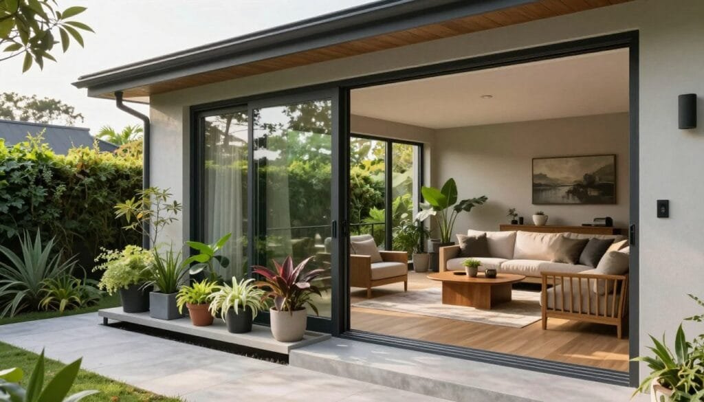 A small home with seamless indoor-outdoor connection through large windows, a compact balcony garden, and natural materials