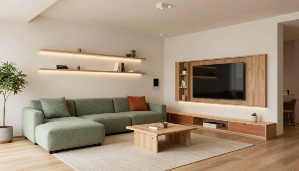 A small living room designed for 2026 with multifunctional furniture, built-in storage, and warm colors that maximize the limited space