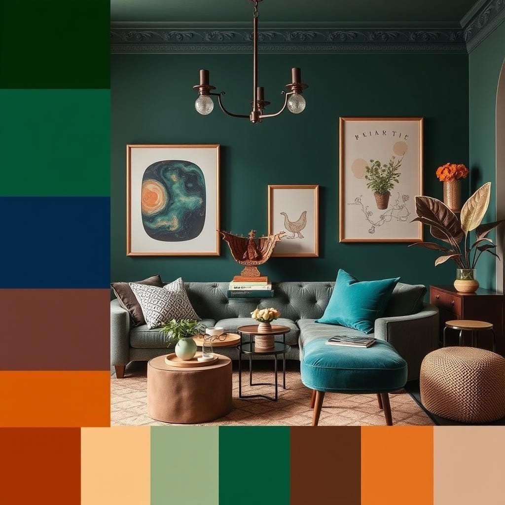 A sophisticated eclectic color palette featuring deep jewel tones with earthy neutrals