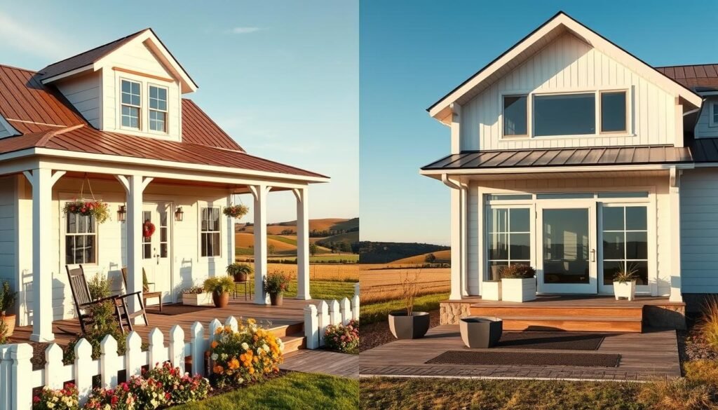 A split scene showcasing a traditional farmhouse on the left and a modern farmhouse on the right. In the foreground, the traditional farmhouse features a rustic wooden porch with rocking chairs and potted ferns, surrounded by a white picket fence and blooming flowers. The middle section highlights the modern farmhouse, characterized by sleek lines, large windows, and a minimalist design, with a welcoming front entrance adorned with geometric planters. The background displays a sunny rural landscape, with rolling hills and a clear blue sky. Use warm, golden-hour lighting to enhance the cozy feel. Capture the image from a slightly elevated angle to emphasize the contrasting architectural styles, evoking a sense of charm and innovation in farmhouse decor.