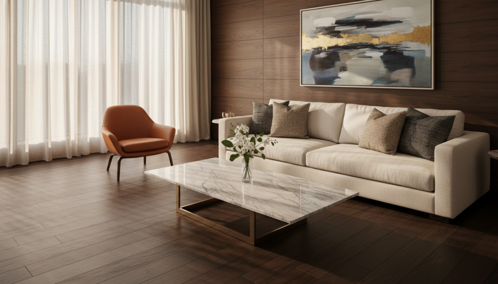 A stylish luxury living room showcasing iconic furniture and hard finishes. In the foreground, a sleek, modern coffee table made of polished marble, adorned with a simple, elegant vase of fresh flowers. The middle ground features a plush, neutral-toned sofa with clean lines and designer cushions, paired with a classic armchair in rich leather. Behind, a wall with textured wood paneling and a large abstract art piece adds depth. Soft, natural light streams in through expansive windows, creating a warm and inviting atmosphere. The floor is finished with dark hardwood, enhancing the opulence. A subtle angle captures the entire room, emphasizing the balance between timeless elegance and contemporary sophistication.