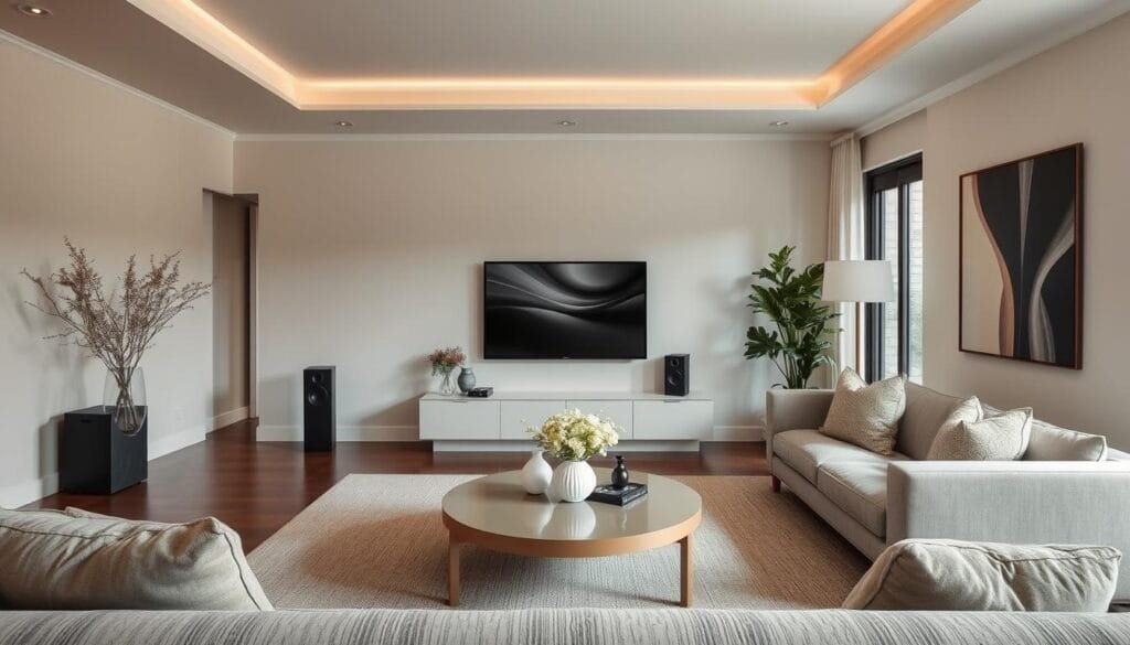 A tech-hidden living room showcasing 2026 Home Interior Design Trends