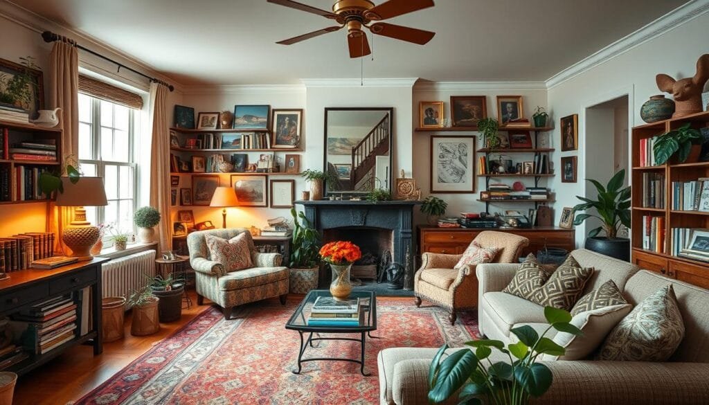 A warm, lived-in eclectic space that tells a personal story through thoughtfully collected items