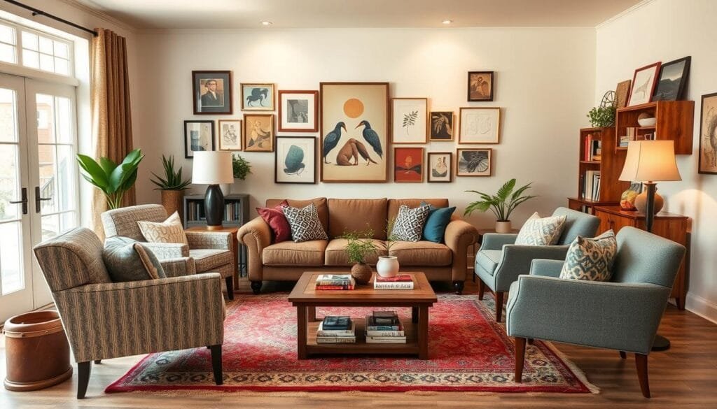 A welcoming eclectic living room with layered elements and conversation-friendly arrangement
