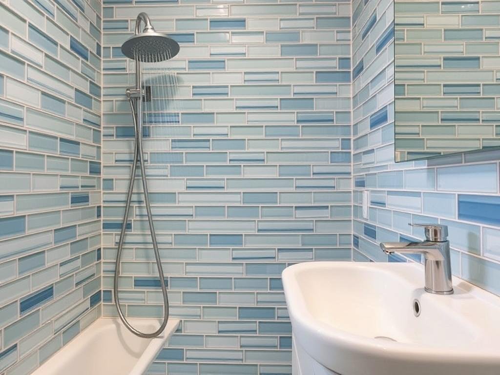 Bathroom featuring water-efficient fixtures and recycled glass tile