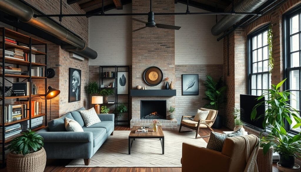 Beautifully balanced industrial home interior with warm lighting and personal touches Beautifully balanced industrial home interior with warm lighting and personal touches