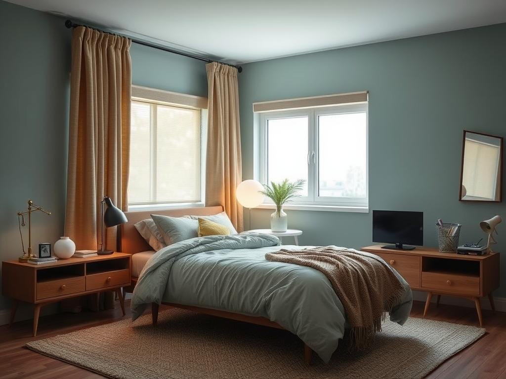 Bedroom designed as a sleep sanctuary with blackout curtains, calming colors, and minimal electronics