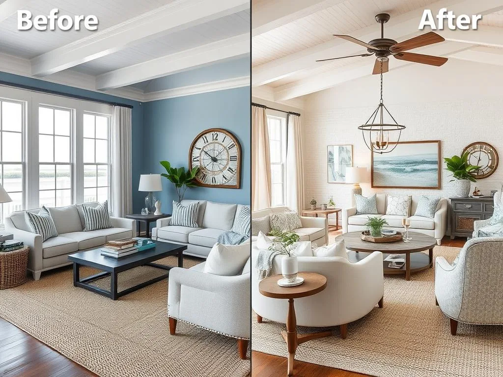 Before and after of a coastal living room updated with 2026 textural elements and natural materials