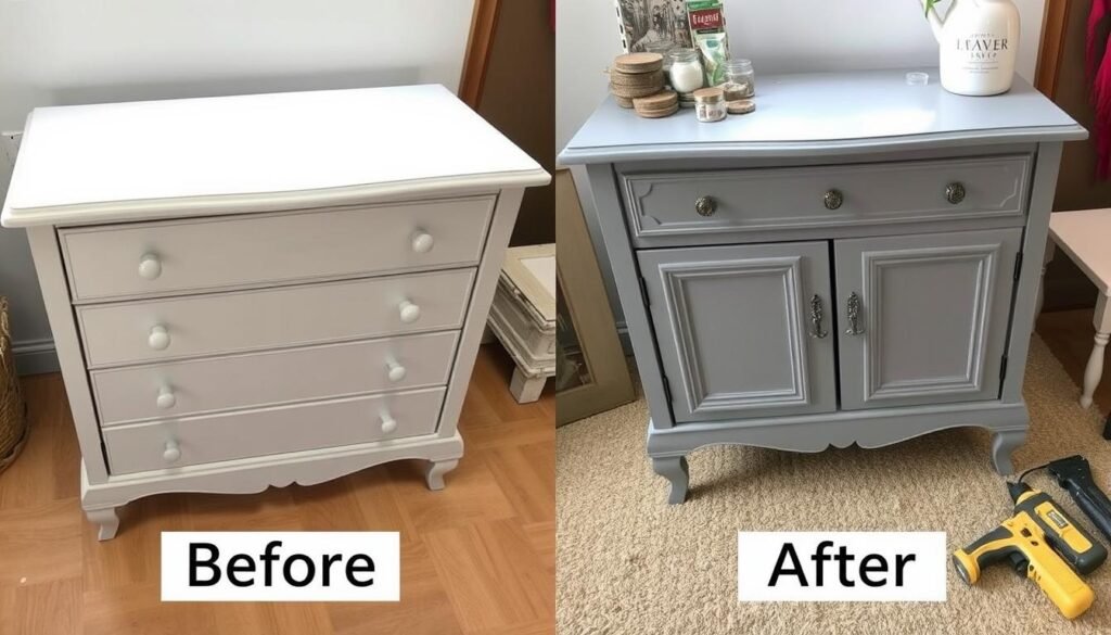 Before and after of a furniture upcycling project