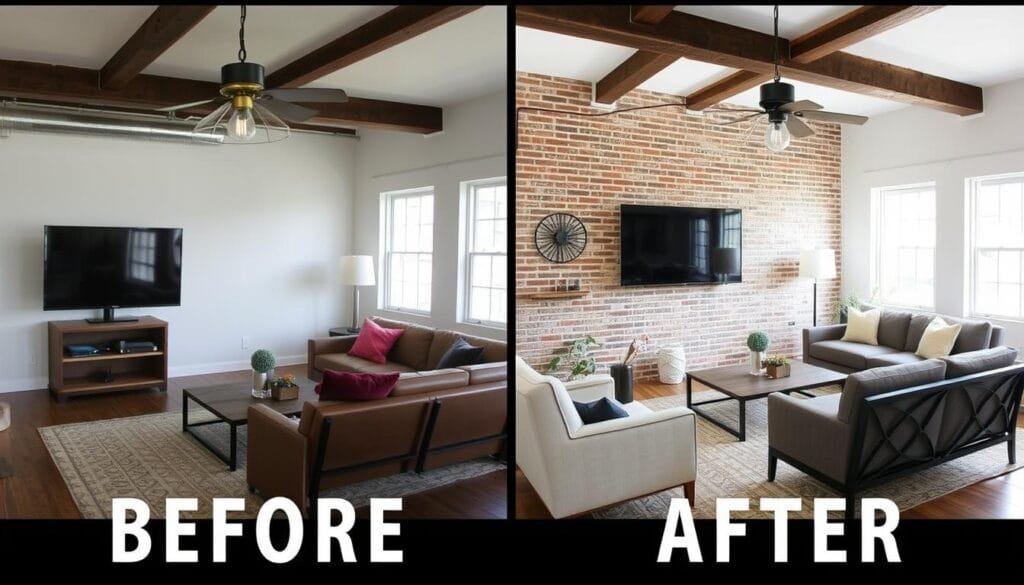 Before and after of a room transformed with industrial elements Before and after of a room transformed with industrial elements