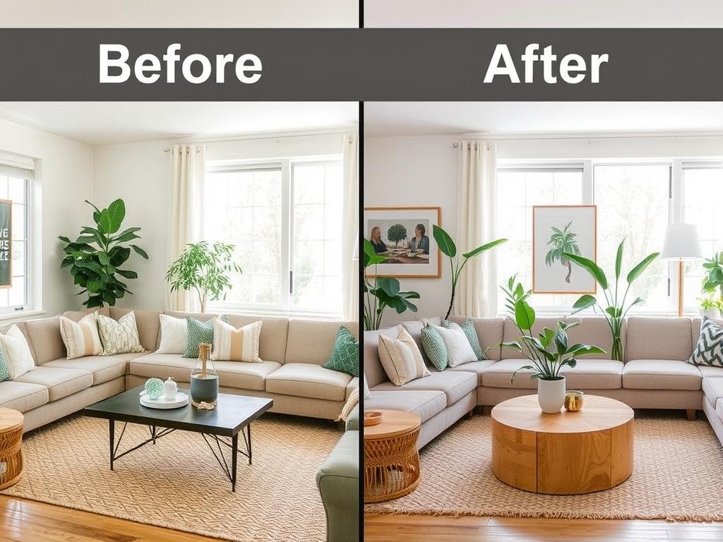 Before and after of living room with simple sustainable updates showing significant style improvement