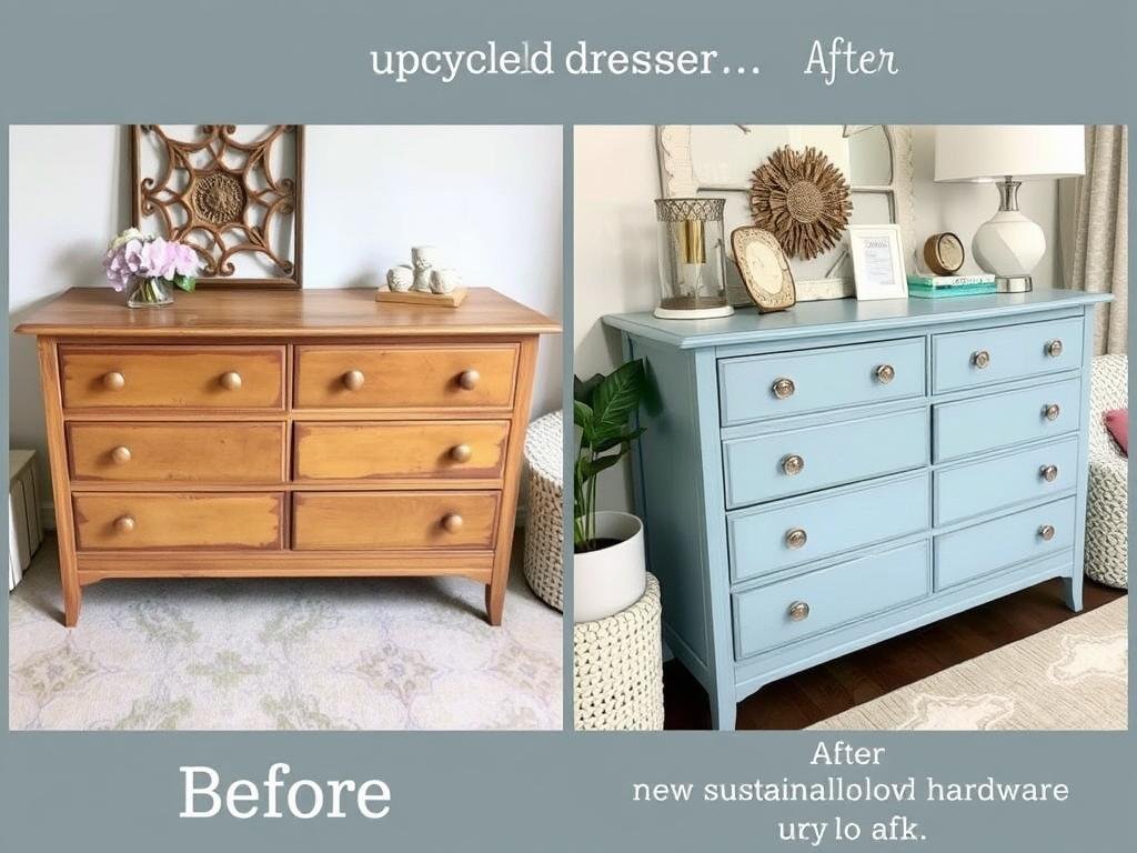 Before and after of upcycled dresser transformed with non-toxic paint and new hardware