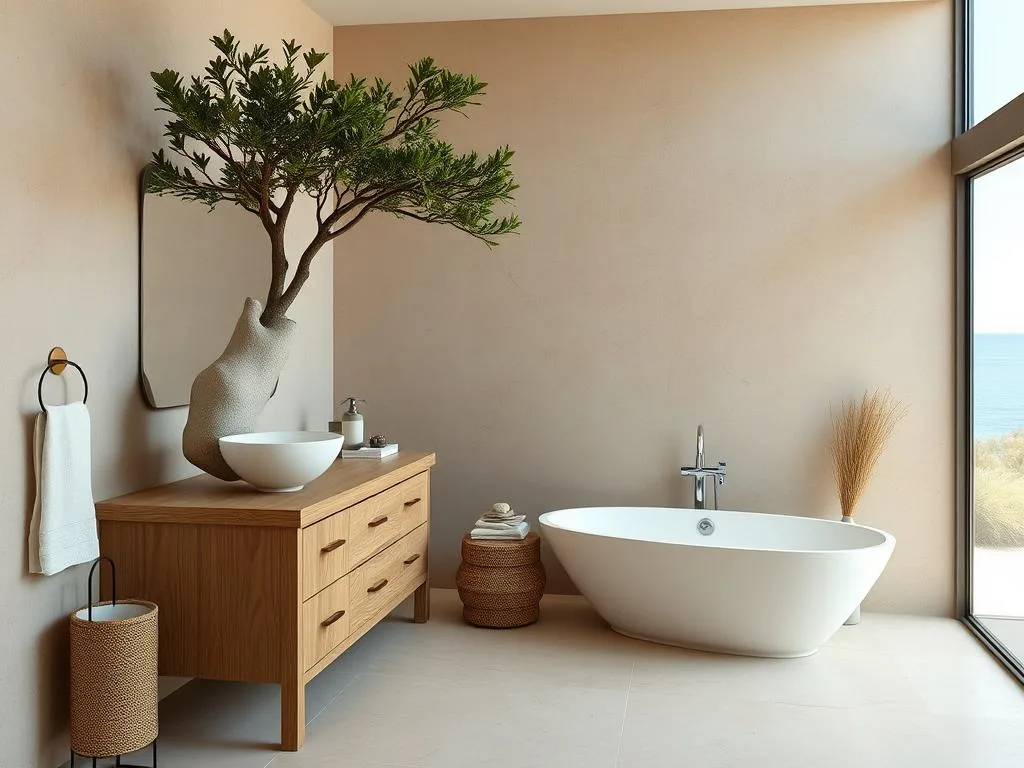Biophilic elements integrated into a coastal bathroom with natural materials and plants