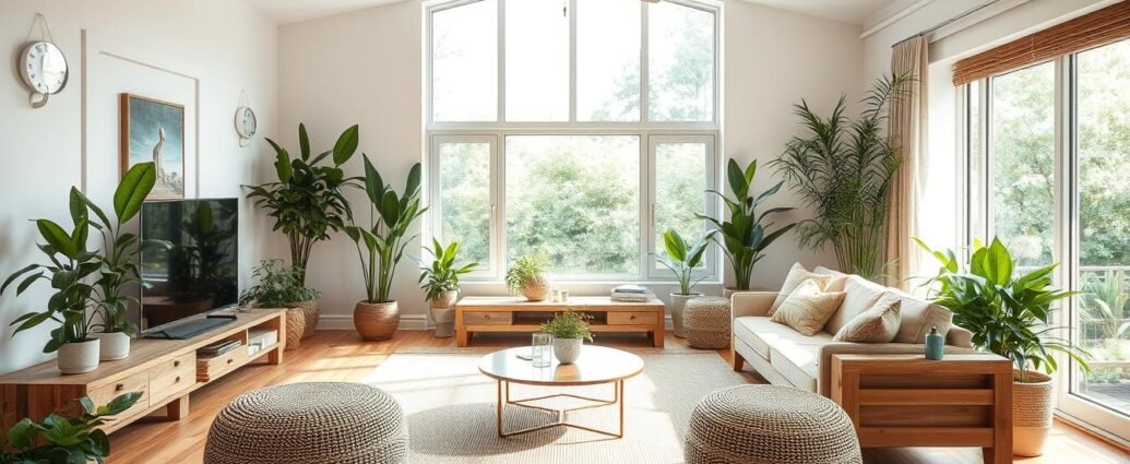 Bright, airy sustainable living room with reclaimed wood furniture, natural textiles, and indoor plants demonstrating eco friendly living and sustainability in home interior design
