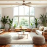 Bright, airy sustainable living room with reclaimed wood furniture, natural textiles, and indoor plants demonstrating eco friendly living and sustainability in home interior design