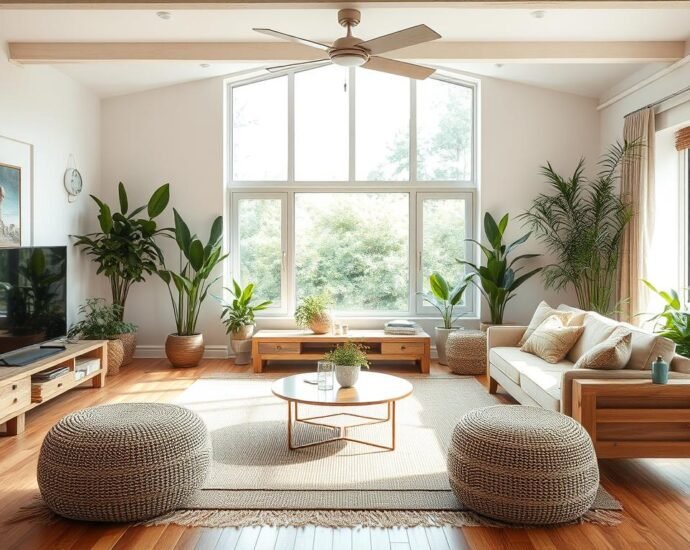 Bright, airy sustainable living room with reclaimed wood furniture, natural textiles, and indoor plants demonstrating eco friendly living and sustainability in home interior design
