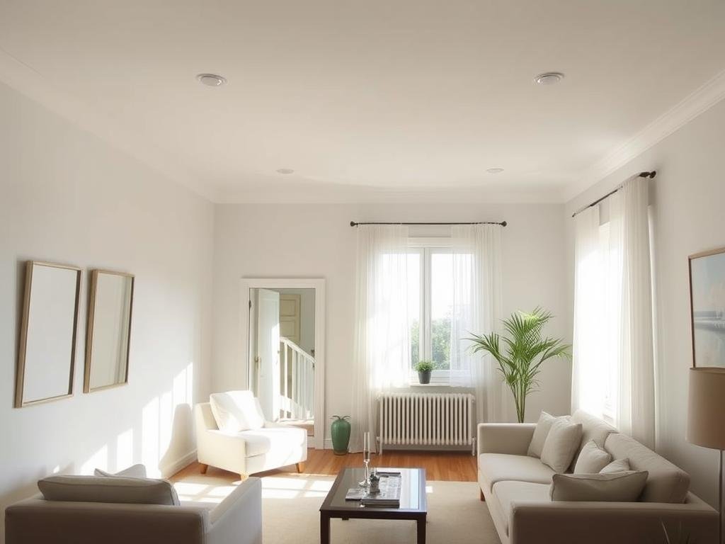 Bright room designed to maximize natural light with strategic mirror placement and light colors