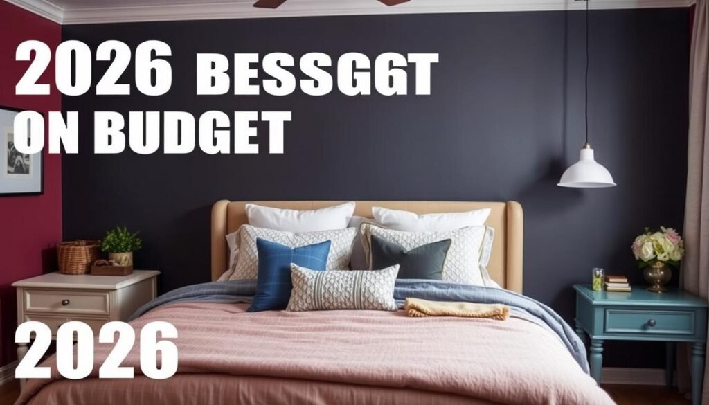 Budget bedroom design with statement wall and repurposed furniture