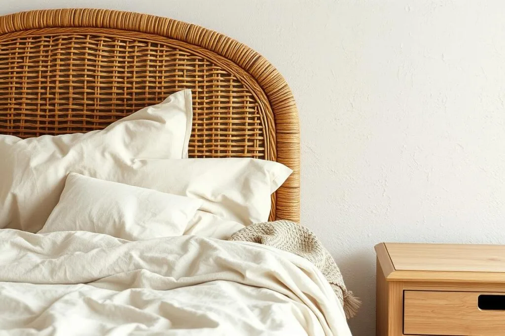 Close-up of textural elements in a coastal bedroom including linen bedding, rattan furniture, and limewash walls